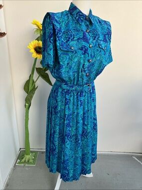 Vintage Leslie Fay Royal Blue & Teal Paisley Secretary Dress w Matching Belt